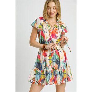 Umgee Printed Tie Neck Ruffled Hem Dress